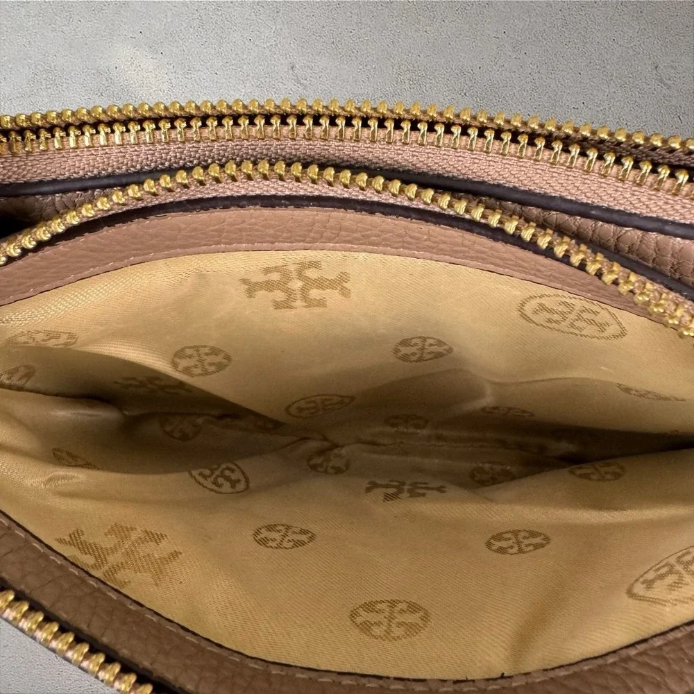 Tory Burch Perry Bombe Double Zip Brown Leather Crossbody Purse Bag